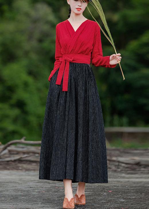 Unique Red Patchwork Striped Quilting Clothes V Neck Large Hem Robes Spring Dress