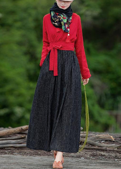 Unique Red Patchwork Striped Quilting Clothes V Neck Large Hem Robes Spring Dress