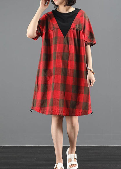 Unique Red Plaid Tunic Dresso Neck Patchwork a Line Summer Dresses