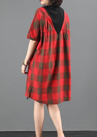 Unique Red Plaid Tunic Dresso Neck Patchwork a Line Summer Dresses