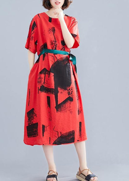 Unique Red Print Cotton Clothes O Neck Patchwork Traveling Summer Dresses