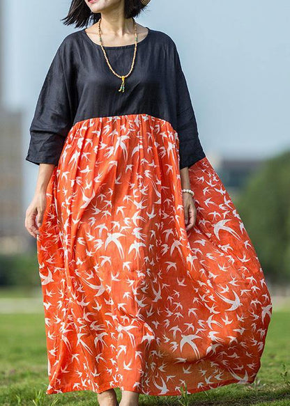 Unique Red Print Linen Dresses Patchwork O Neck Maxi Summer Dresses