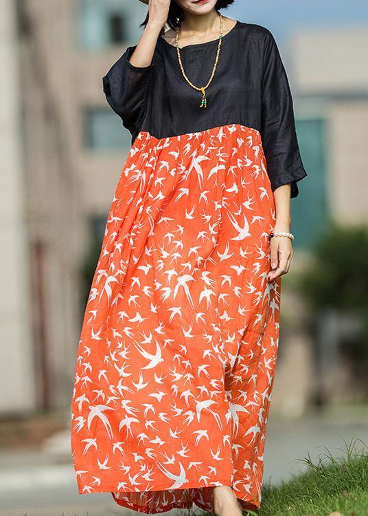 Unique Red Print Linen Dresses Patchwork O Neck Maxi Summer Dresses