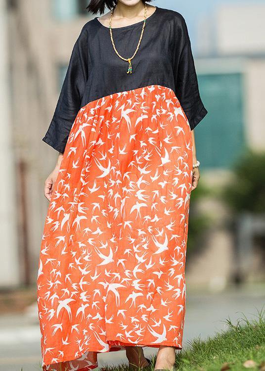 Unique Red Print Linen Dresses Patchwork O Neck Maxi Summer Dresses