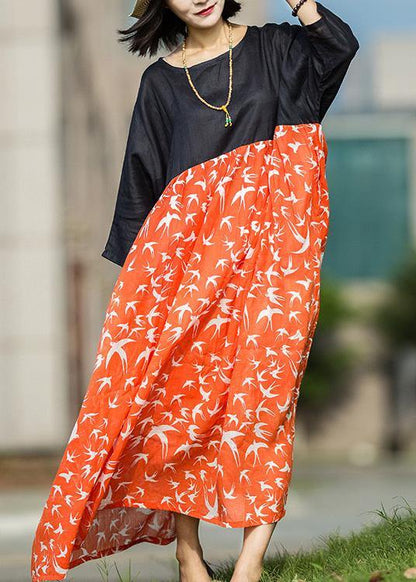 Unique Red Print Linen Dresses Patchwork O Neck Maxi Summer Dresses