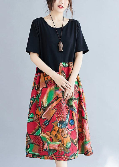 Unique Red Print Quilting Clothes O Neck Patchwork a Line Dress