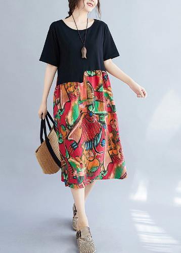 Unique Red Print Quilting Clothes O Neck Patchwork a Line Dress