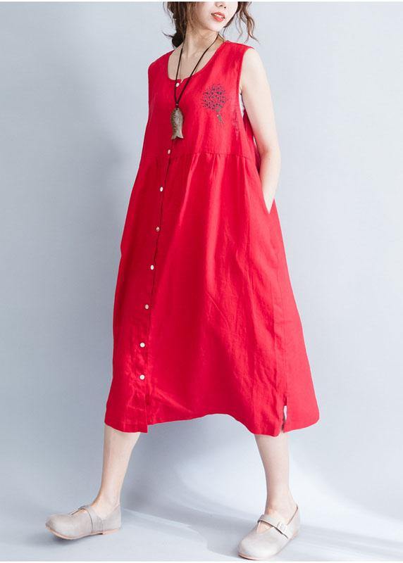 Unique Red Sleeveless Linen Quilting Dresses Patchwork Love Summer Dresses