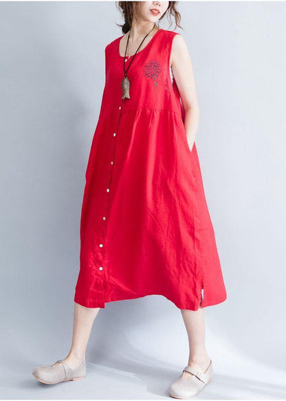 Unique Red Sleeveless Linen Quilting Dresses Patchwork Love Summer Dresses