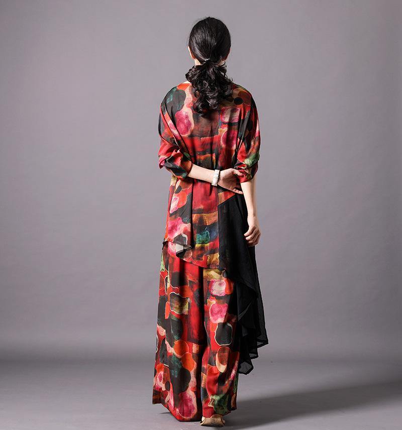 Unique Silk Clothes Omychic Print Spliced Irregular Blouse and Wide Leg Pants