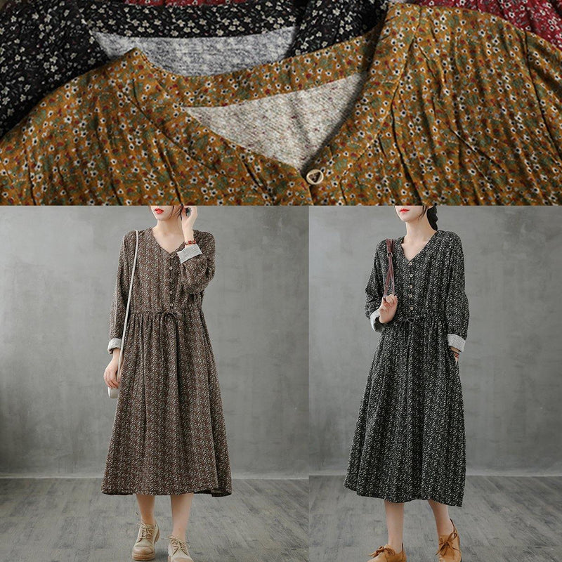 Unique Stand Collar Drawstring Fall Dresses Yellow Print Art Dresses