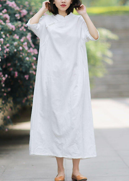 Unique Stand Collar Half Sleeve Linen Summerlong Shirts Tunic Dress White Dress