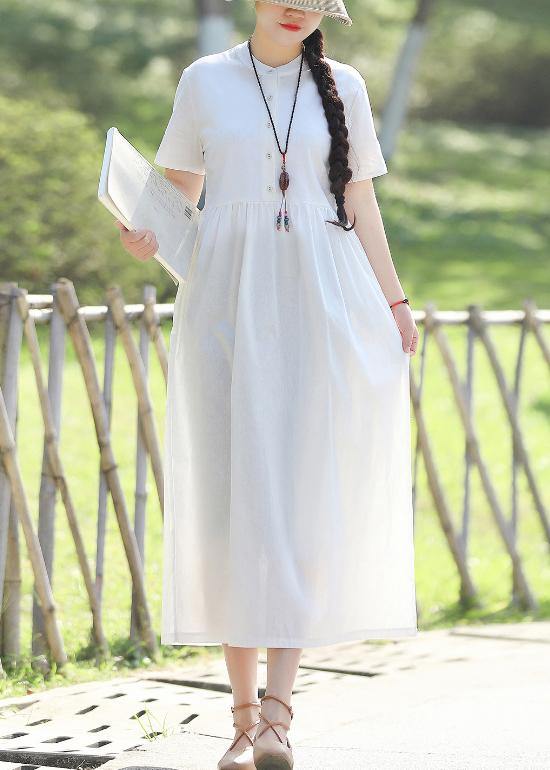 Unique Stand Collar Linen Cotton Dress Sewing White Traveling Dress Summer