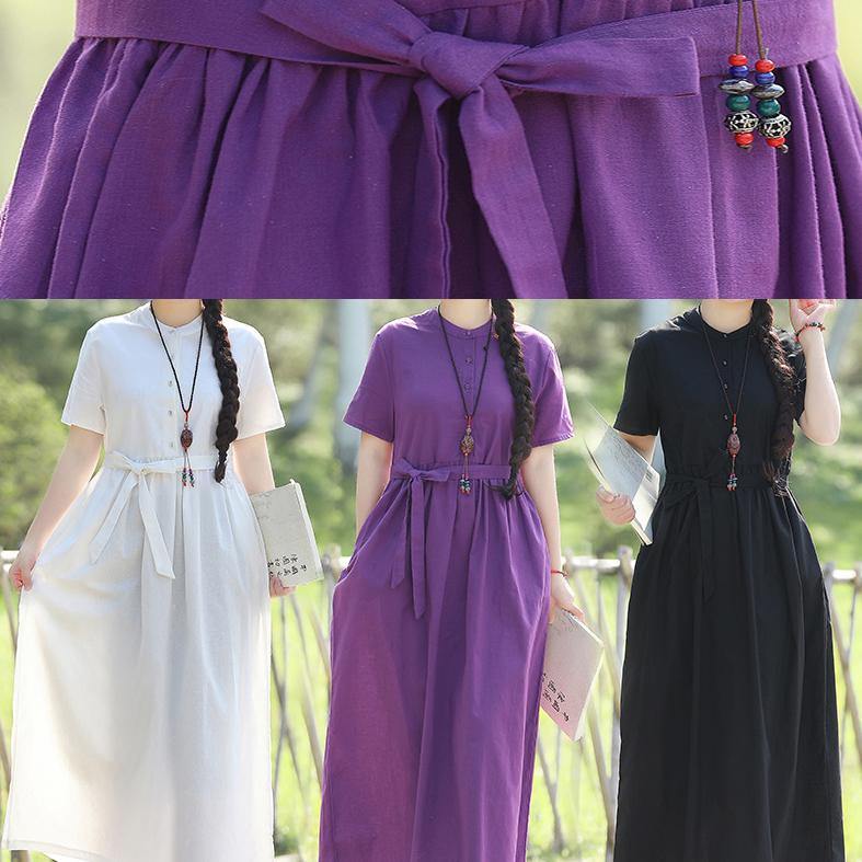 Unique Stand Collar Linen Cotton Dress Sewing White Traveling Dress Summer
