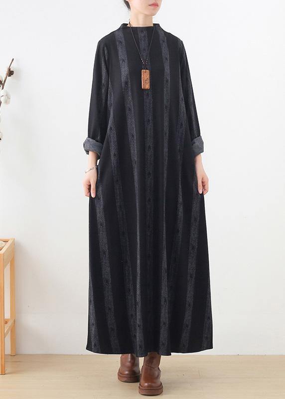 Unique Stand Collar Pockets Fall Dresses Work Black Striped Dresses