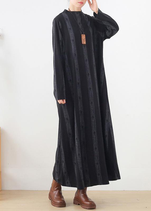 Unique Stand Collar Pockets Fall Dresses Work Black Striped Dresses