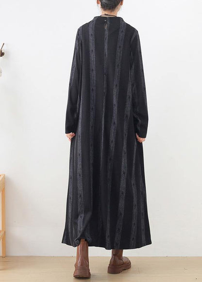 Unique Stand Collar Pockets Fall Dresses Work Black Striped Dresses
