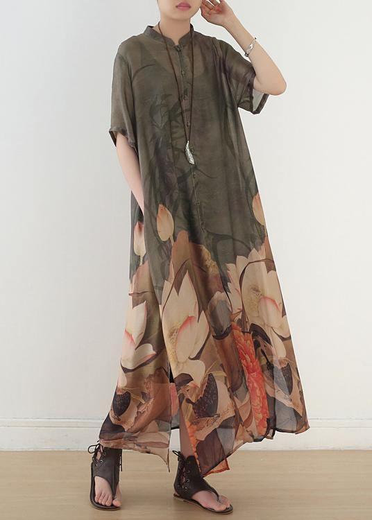 Unique Stand Collar Side Open Chiffon Outfit Boutique Ideas Chocolate Print Dresses