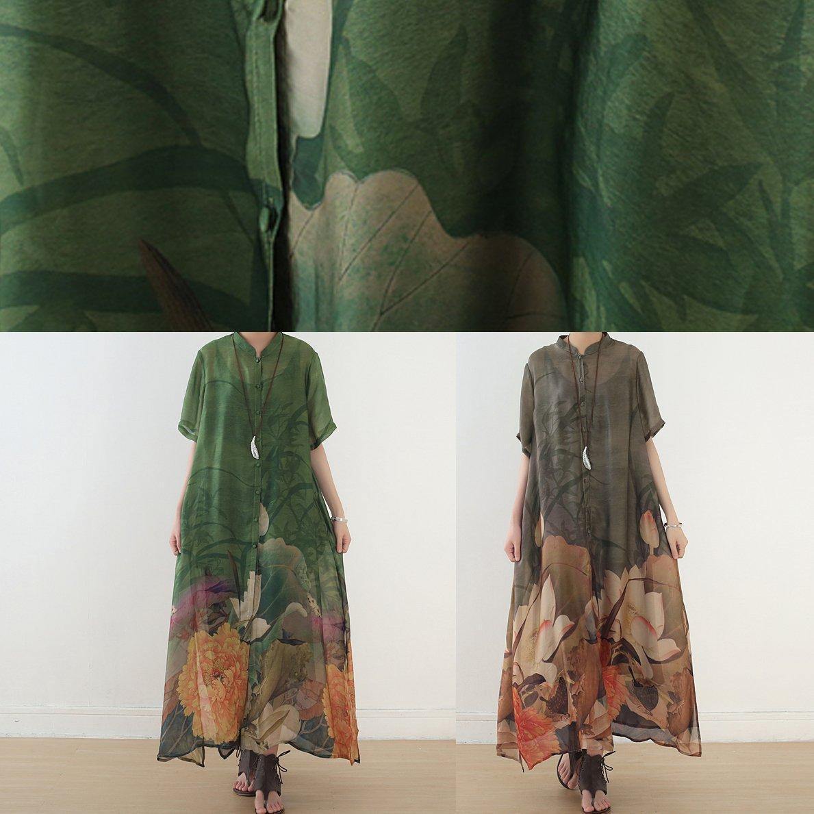 Unique Stand Collar Side Open Chiffon Outfit Boutique Ideas Chocolate Print Dresses