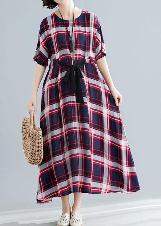 Unique Tie Waist Cotton Clothes for Shape Red Plaid Cotton Dresses Summer