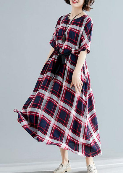 Unique Tie Waist Cotton Clothes for Shape Red Plaid Cotton Dresses Summer