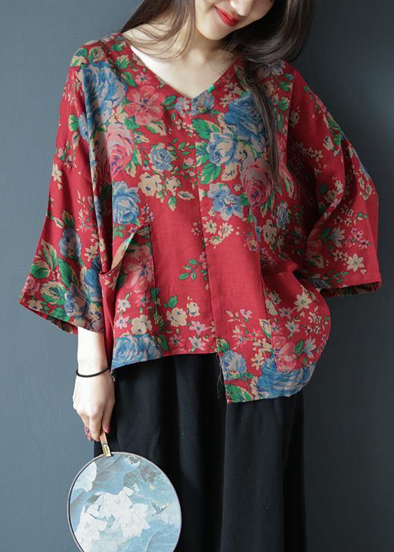 Unique V Neck Asymmetric Clothes Red Print Dresses Blouses
