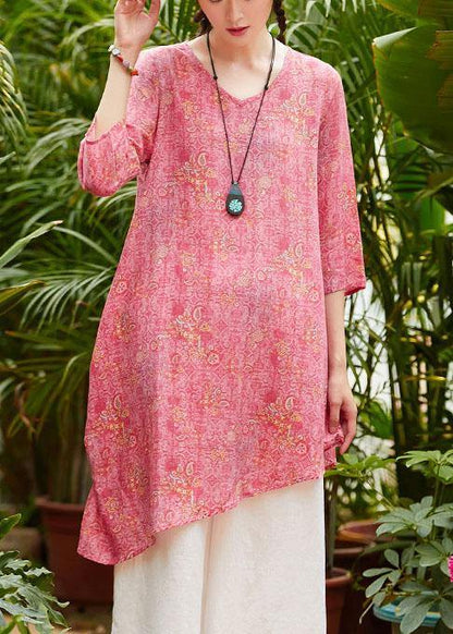 Unique V Neck Asymmetric Linen Long Shirts Work Pink Print Dresses Summer