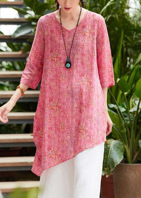 Unique V Neck Asymmetric Linen Long Shirts Work Pink Print Dresses Summer