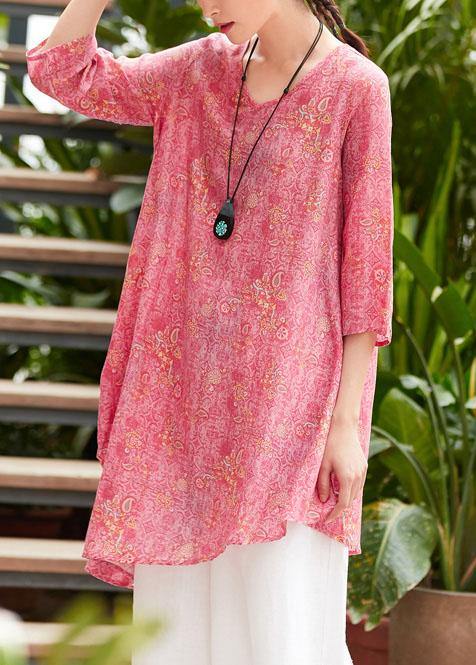 Unique V Neck Asymmetric Linen Long Shirts Work Pink Print Dresses Summer