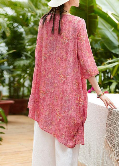 Unique V Neck Asymmetric Linen Long Shirts Work Pink Print Dresses Summer