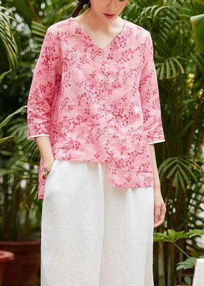 Unique V Neck Asymmetric Linen Tops Shirts Pink Print Blouses Summer