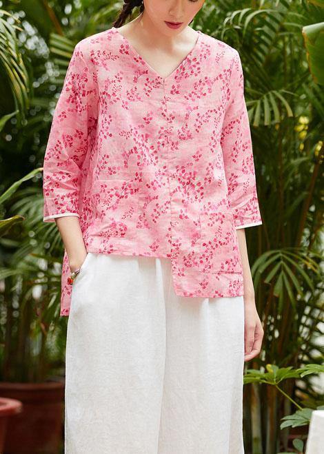 Unique V Neck Asymmetric Linen Tops Shirts Pink Print Blouses Summer