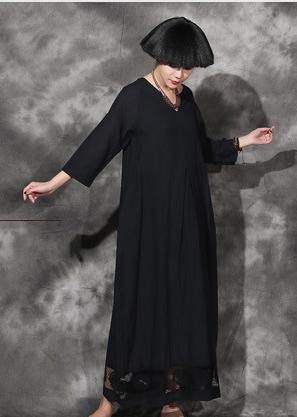 Unique V Neck Cotton Dress Wardrobes Black Patchwork Lace Hem Dress Summer
