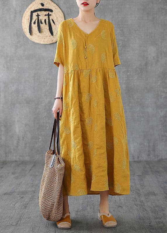 Unique V Neck Embroidery Linen Robes Runway Yellow Dress