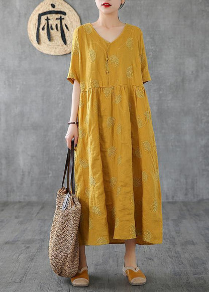 Unique V Neck Embroidery Linen Robes Runway Yellow Dress