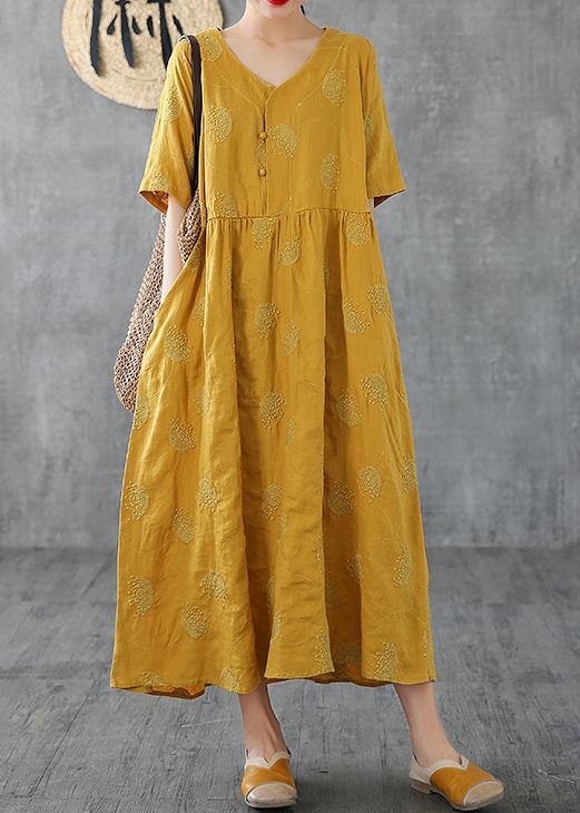 Unique V Neck Embroidery Linen Robes Runway Yellow Dress