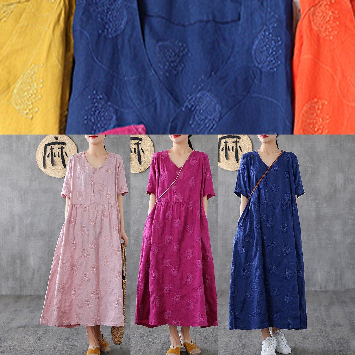 Unique V Neck Embroidery Linen Robes Runway Yellow Dress