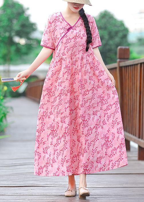 Unique V Neck Pockets Cotton Linen Quilting Clothes Linen Pink Print Dress Summer