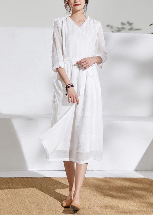 Unique V Neck Pockets Linen Wardrobes White Dresses