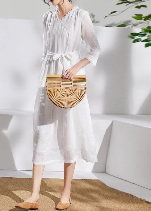Unique V Neck Pockets Linen Wardrobes White Dresses