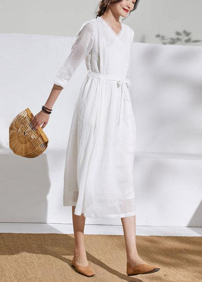 Unique V Neck Pockets Linen Wardrobes White Dresses