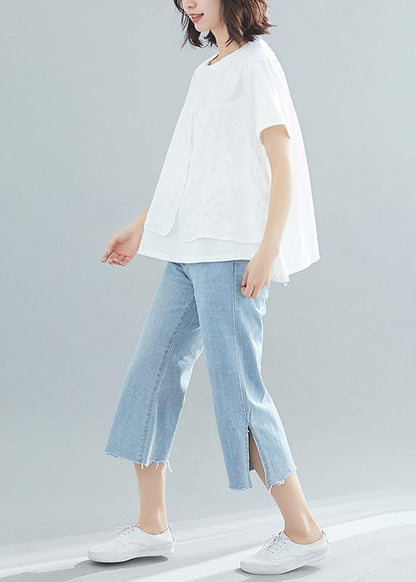 Unique White Cotton Tutorials O Neck Patchwork Knee Summer Blouse