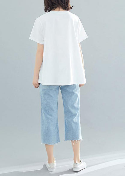 Unique White Cotton Tutorials O Neck Patchwork Knee Summer Blouse