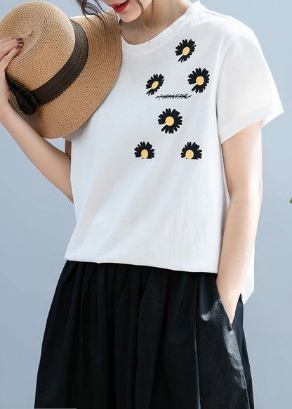 Unique White Daisy Print Tops O Neck Short Blouse