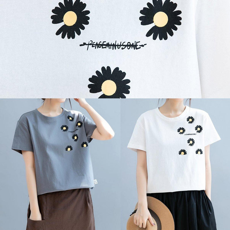 Unique White Daisy Print Tops O Neck Short Blouse