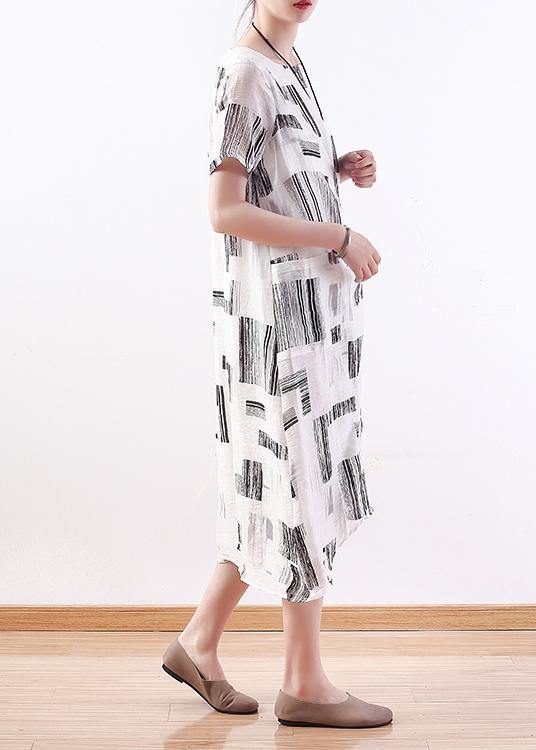 Unique White Prints Silk Linen Robes Tie Waist Cotton Summer Dress