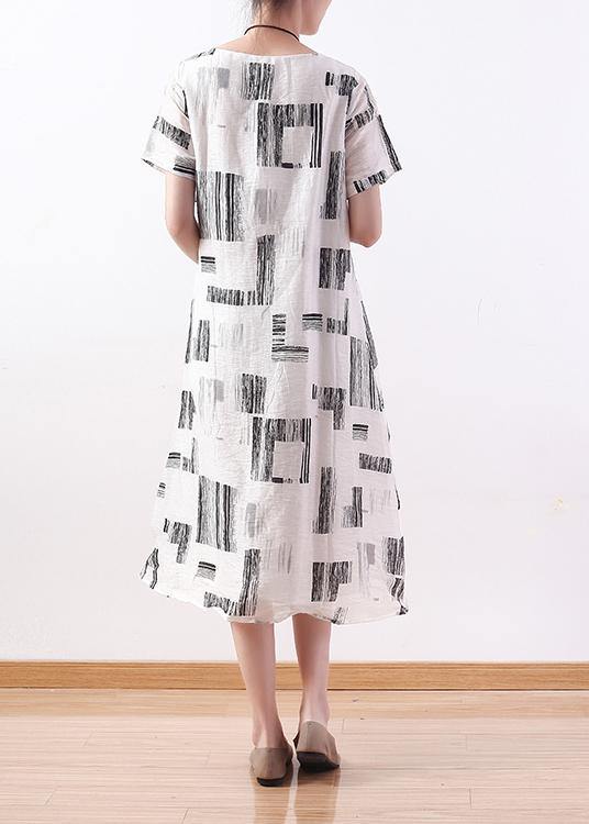 Unique White Prints Silk Linen Robes Tie Waist Cotton Summer Dress