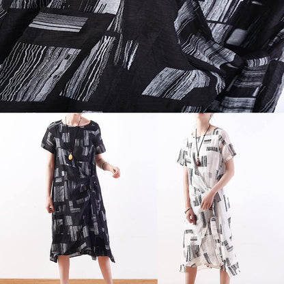 Unique White Prints Silk Linen Robes Tie Waist Cotton Summer Dress