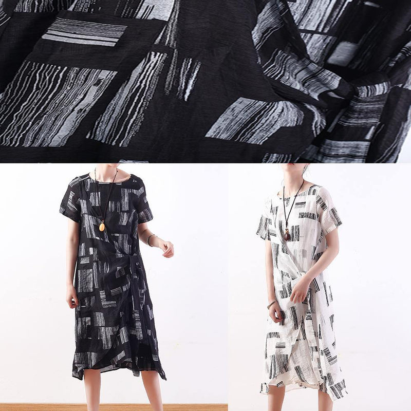 Unique White Prints Silk Linen Robes Tie Waist Cotton Summer Dress