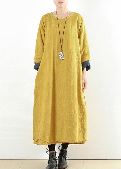 Unique Yellow Cotton Clothes Thick Warm Maxi O Neck Dresses